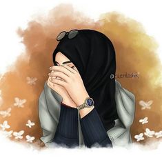 a woman wearing a hijab covering her face with her hands while sitting in front of flowers