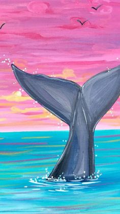 a painting of a humpback whale in the ocean with pink and blue clouds