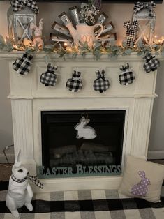 a fireplace decorated for easter with bunny decorations