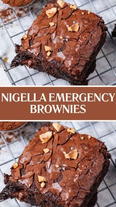 chocolate brownies on a cooling rack with text overlay that reads, nigglela emergency brownies