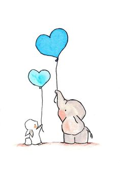 an elephant holding two heart shaped balloons in the air with a small dog standing next to it