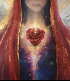 a painting of a woman with long red hair and a rose in her hand, surrounded by stars