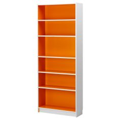 an orange and white bookcase with three shelves on one side, the other is empty