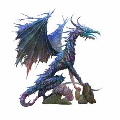 a blue and purple dragon statue sitting on top of a pile of rocks next to a rock