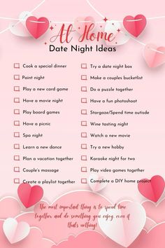 a pink valentine's day date night checklist with hearts on it and the words,