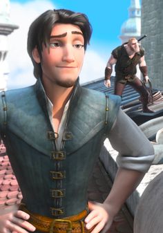 an animated character is standing in front of a building with other characters behind him,