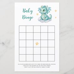 a baby shower game with a blue dragon on it