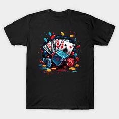 a black t - shirt with playing cards and dices on the front, surrounded by confetti