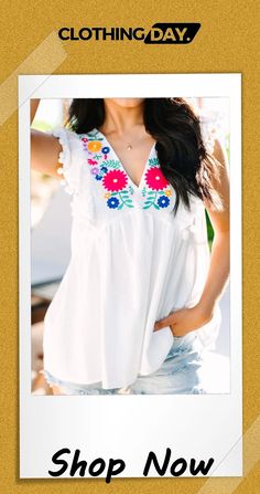 Floral Embroidered Pompom Flutter Blouse