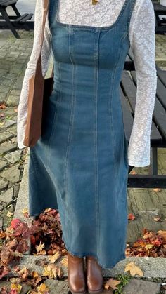 Outfit Inspirations Cottagecore, Mennonite Outfit Ideas, Denim Dress And Tights Outfit, Cold Thanksgiving Outfit, Female Clothing Aesthetic, 70s Rainy Day Outfit, Long Yellow Dress Outfit Casual, Jean Dress Winter Outfit, Outfits For The Zoo Fall