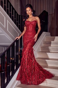 Portia And Scarlett Gowns, Feather Gown, Portia And Scarlett, Feather Skirt, Scarlett Dresses, Unique Prom Dresses, Prom Dress Inspiration, Red Prom, Evening Dress Fashion