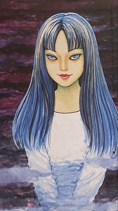 a painting of a woman with long blue hair and white shirt, standing in water