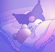 a cartoon character sleeping in bed with a pillow and hat on top of his head