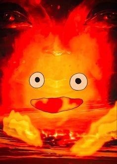 an animated face is shown in front of a blazing fire with eyes and mouth wide open