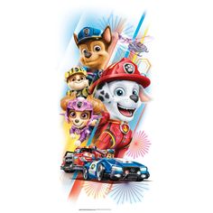 the paw patrol movie poster is shown with cars and firemen in front of them