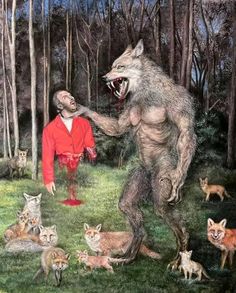 a man standing next to a wolf in the forest with many other animals around him