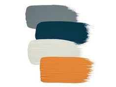 four different shades of paint on a white background, one is blue and the other is orange