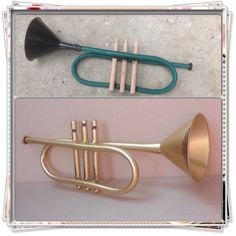 three different types of musical instruments are shown in this collage, one is gold and the other is green