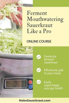 Learn how to ferment homemade sauerkraut like a pro in no time, enjoy eating flavorful sauerkraut, and reap the benefits of improved digestion. This program includes videos, slide shows, text delivery, PDFs, step-by-step recipe card decks, and Zoom calls for additional support! #guthealth Recipe Card