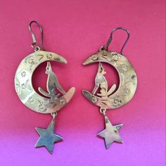 Vintage Sterling Silver Coyote Moon And Star 925 Dangle Earrings From Mexico Moon And Star, Silver Dangle Earrings, Sterling Silver Dangle Earrings, Earrings Color, Vintage Sterling Silver, Dangle Earrings, Moon, Women Jewelry, Sterling Silver