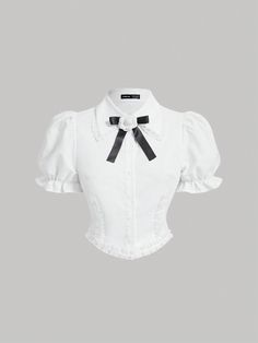 Branco elegante Collar Manga Curta Tecido Bloco de cores,Simples Camisa Embellished Não elástico Vintage Punk Outfits, Short Sleeve Shirt Outfit, Preppy Mode, Punk Style Outfits, White Lace Shirt, Floral Embellishment, Modesty Outfits, Puff Sleeve Shirt, Fancy Tops