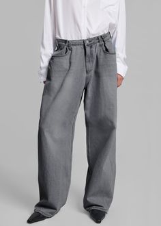 Estimated Delivery: October 2023 Color: Grey Wash Midweight denim Relaxed fit Wide leg High rise Adjustable button waistband Slant hip pockets Back patch pockets Zip fly Front button closure Unlined 100% Cotton Dry Clean or Hand Wash Cold Imported Denim Cargo Jeans With Button Closure, Straight Leg Denim Cargo Jeans With Button Closure, Washed Rigid Denim Full Length Bottoms, Casual High-waisted Cargo Jeans With Button Closure, Casual Cotton Cargo Jeans With Button Closure, Gray Denim Jeans For Streetwear, Casual Mid-rise Cargo Jeans With Button Closure, Casual Straight Leg Flare Jeans With Button Closure, Classic Baggy High-waist Bottoms