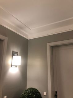 a light that is on the side of a wall in a room next to a door