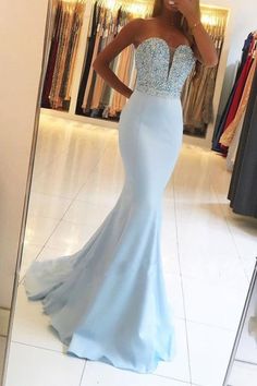 Light Blue Strapless Long Red Mermaid Prom Dresses - Bridelily Sweep Train Prom Dress, Robes D'occasion, Mermaid Sweetheart, Blue Prom Dress, Blue Evening Dresses, Blue Mermaid, Beaded Bodice, Lhasa, Satin Prom Dress