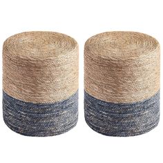 two round baskets with blue and tan stripes on them, one is made out of jute