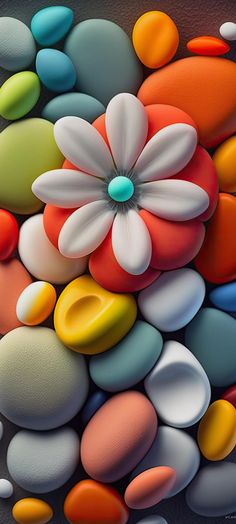 colorful rocks and pebbles with a flower in the middle on black background, digital painting