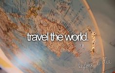 a globe with the words travel the world written on it and an image of a map