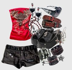 #y2k #outfit #outfitinspo #inspo Von Dutch Y2k Outfit, Red Bimbocore Outfits, Y2k Outfits Women 2000, Messy Y2k Outfits, Trashy Y2k Club Outfits, Red Trashy Y2k, Rave Outfits Y2k, Y2k Accessories Ideas