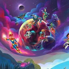 an image of cartoon characters flying in the sky with planets and stars behind them on a colorful background