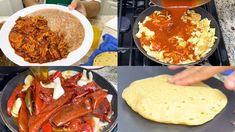 there are four pictures of different foods being cooked in the kitchen and on the stove