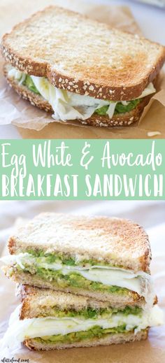 an egg white and avocado breakfast sandwich is cut in half