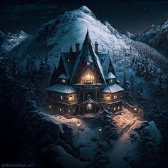 a house in the middle of a snowy mountain with lights on it's windows