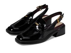 Franco Sarto Giada Slingback Loafers - Women's Flat Shoes : Black : Step into urban chicness in these slip-on Franco Sarto Giada Slingback Loafers with metallic ornament on penny holder strap and slingback adjustable buckle strap closure. Faux Leather upper and insole. Synthetic lining. Stacked block heel. Square toe silhouette. Polyurethane outsole. Imported. Measurements: Heel Height: 1 1 4 in Weight: 13 oz Platform Height: 1 4 in Product measurements were taken using size 9, width M. Please note that measurements may vary by size. Casual Slingback Slip-on Pumps For Work, Casual Slingback Mules For Work, Casual Slip-on Slingback Pumps For Work, Trendy Black Slingback Pumps For Workwear, Black Slip-on Slingback Pumps For Office, Casual Black Slip-on Slingback Pumps, Formal Slingback Loafers For Spring, Spring Formal Slingback Loafers, Formal Spring Slingback Loafers