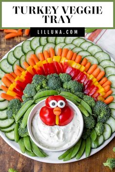 a turkey veggie tray with vegetables and dip