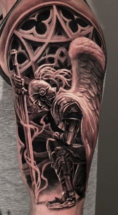 Warrior Angel Tattoo, Religious Tattoo Sleeves, Angel Warrior Tattoo, Angel Sleeve Tattoo, Guardian Angel Tattoo Designs, Warrior Angel, Guardian Angel Tattoo, Archangel Tattoo