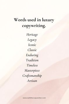 the words used in luxury copywriters are displayed on a white and pink background