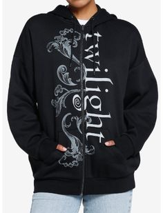 Got a vampire to confront in the woods later about knowing what they are? Keep cozy in this Twilight zip-up hoodie! It features the movie logo with filigree in a jumbo print on the front, plus a monochrome portrait of Edward and Bella on the back. Twilight Logo, Twilight Hoodie, Edward And Bella, Monochrome Portrait, Pop Culture Fashion, Movie Logo, Edward Bella, Girls Hoodie, Tall Hoodies