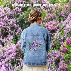 Clematis Purple  Denim Jacket Purple Denim Jacket, Floral Embroidered Cotton Denim Jacket In Medium Wash, Spring Embroidered Dark Wash Denim Jacket, Clematis Purple, Fitted Denim Outerwear With Floral Embroidery, Medium Wash Embroidered Denim Outerwear, Floral Embroidered Medium Wash Denim Jacket, Purple Denim