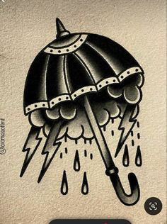 a drawing of an umbrella with rain drops on it