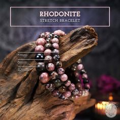 These Rhodonite gemstone bracelets, with splashes of pink and black hues, are slightly heavier on the wrist than other beaded bracelets. They are stretch-to-fit and designed to comfortably fit most wrist sizes. 6mm Bracelets Sized: 6.2" - 6.7" 8mm Bracelets Sized: 6.2" - 6.7" 10mm Bracelets Sized: 6.5" More Crystals, Minerals, and Specimens: → https://etsy.me/3yZ02yJ IG * TIKTOK * FB → @EerieMineralCo We're thrilled to share our selection of mineral specimens, crystals, fossils, carvings, and ac Gemstone Stretch Bracelets, Silicate Minerals, Beaded Stretch Bracelet, Crystals Minerals, Gemstone Bracelets, Mineral Specimen, Pink And Black, How To Make Beads, Bracelet Sizes