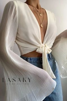 Lasaky - Elegant Solid-Colored Blouse with Chic Bell Sleeves and Pleated Chiffon Accents Chiffon Blouses, Pattern Dress Women, Ribbed Shirt, Flare Long Sleeve, Casual Tie, Pleated Chiffon, Bell Sleeve Blouse, Chiffon Shirt, Party Tops