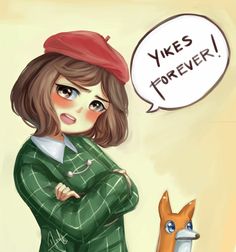 a drawing of a woman with her arms crossed next to a fox and speech bubble that says yes forever