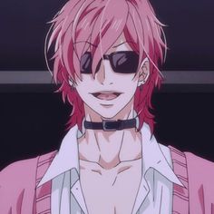 an anime character with red hair and sunglasses on his face, wearing a pink shirt