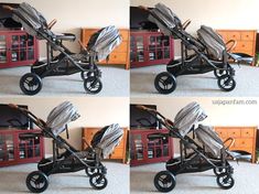 four different pictures of a baby stroller