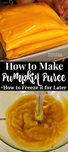 how to make pumpkin puree in a glass bowl with text overlay that reads, how to make pumpkin puree