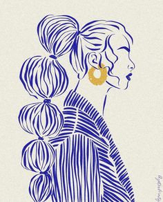 a drawing of a woman with blue hair and earrings